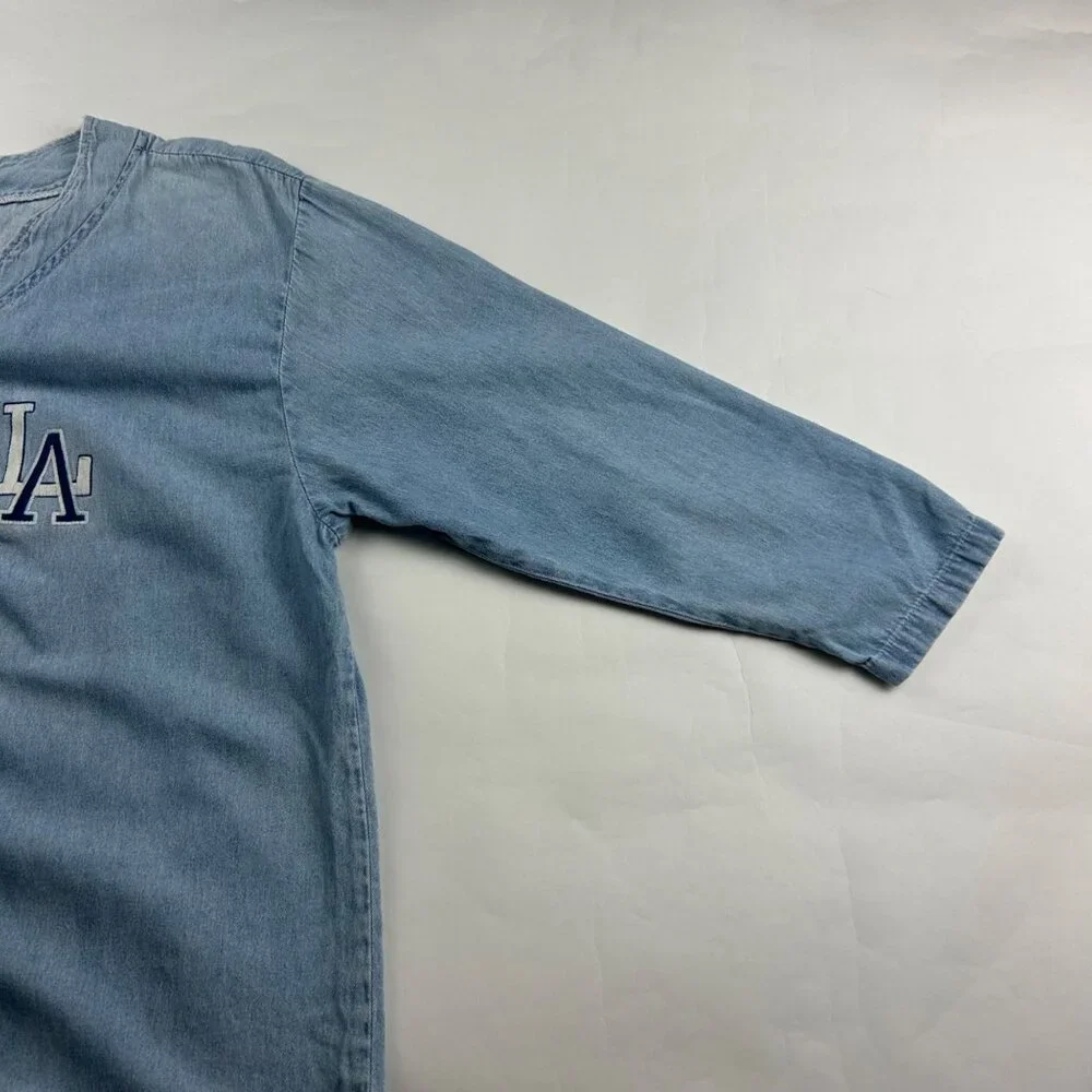 Bridge Sports Wear Vintage Light Wash Denim Chambray LA Dodgers Jersey L - Picture 6 of 9